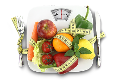 Fruit and vegetables on weighing scales