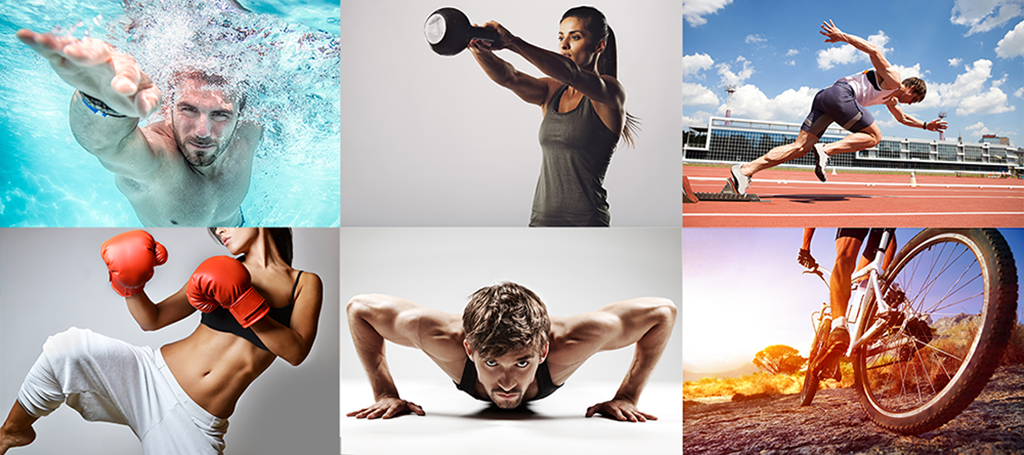 A montage of different sports, including swimming, runing, cycling and kickboxing