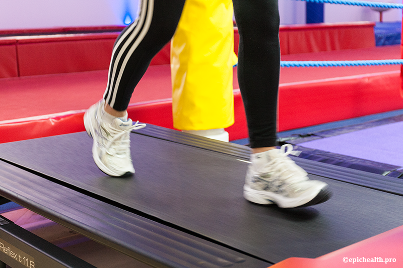 Closeup of someone using a treadmill